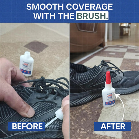 Before and after using Heavy Duty Shoe Glue With Built In Brush And Precision Nozzle For Sneakers, Boots, Heels, Crocs And More Ultra Strong Bond Flexible Repair Works Under Extreme Conditions on a black sneaker.