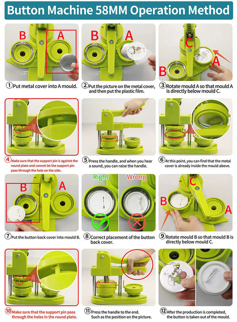 DIY 58mm Button Maker Kit Third Gen Installation Free Badge Press Machine operation instructions diagram