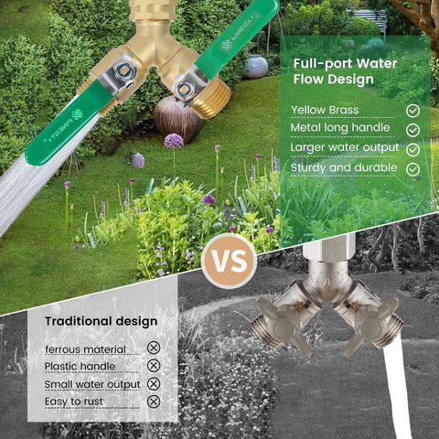Comparison of Built Tough Heavy Duty Brass Garden Hose Splitter Two Way Y Valve With Stainless Steel Long Handle vs traditional design