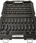 Open case with Impact Socket Set Three Eighths Inch Drive, 42 Piece, SAE And MM Sizes, Direct Torque Technology, durable case