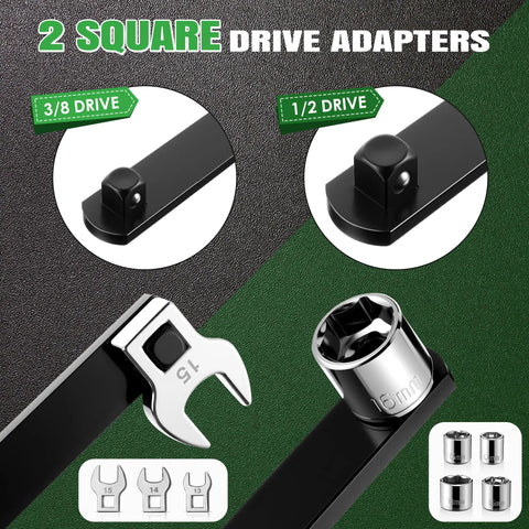 Universal Serpentine Belt Tool Kit With Bag For Easy Belt Removal And Tensioner Relief, 3/8 and 1/2 inch square drive adapters.