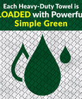Promotional banner for Simple Green heavy-duty cleaning towels with green droplet icon on dotted background