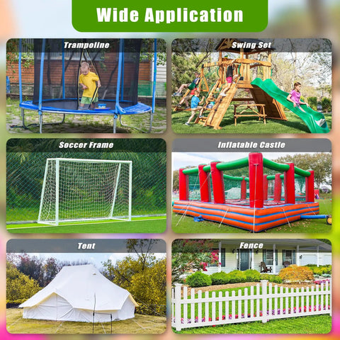 Six images show applications for the Four Pack Thirty Inch Ground Anchors Screw In Kit With L Bracket, including a trampoline.