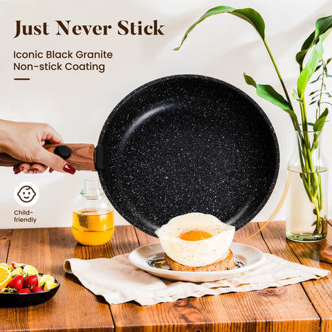 Frying egg with Removable Handle Induction Pots And Pans Set 10 Piece Nonstick Cookware Black Granite Stackable RV