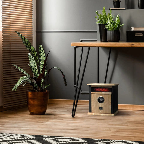 Portable Electric Space Heater with 1500 Watt Infrared Quartz, digital thermostat, in modern beige cabinet, 17x14x12 inch
