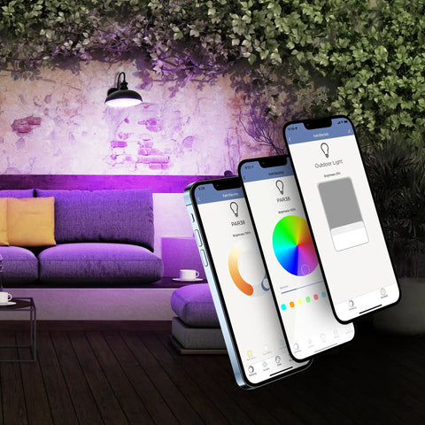 Outdoor scene with BR30 Smart Flood Light Bulb With 2.4GHz WiFi RGBW Color Changing And Dimmable Lighting, app control on smartphones.