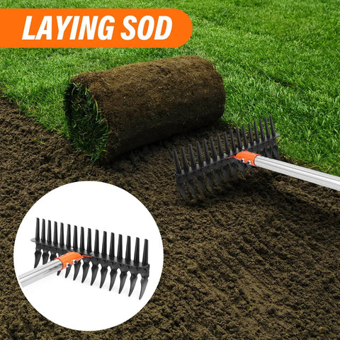 Heavy Duty Metal Thatch Rake For Lawn Care 15 Inch Wide Dethatcher With Sturdy Handle shown laying sod in garden