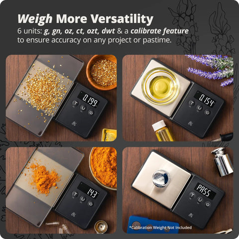 Ultra Precise Pocket Scale With 300 Gram Capacity And 0.01 Gram Increments, Six Weighing Units shown with different items weighed.