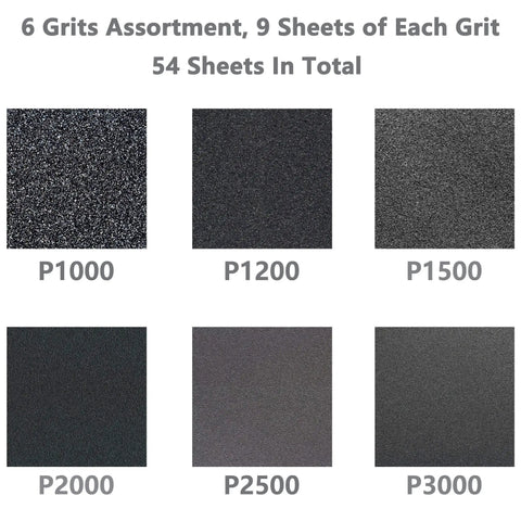 Wet Dry Sandpaper Set With Pro Grade Assorted Grits 1000 1200 1500 2000 2500 3000 54 Sheets For Automotive Wood And Plastic Sanding Display