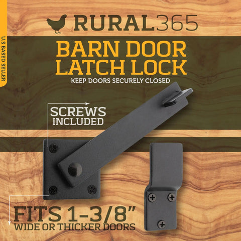 Black Barn Door Latch Hook With Hardware Reversible Privacy Lock featured on rustic wood background