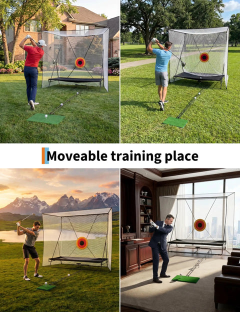 All Around Golf Net For Hitting Practice 10x8FT indoor outdoor training net with impact targets, used in various settings.