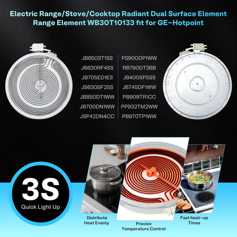 Radiant Surface Burner Element 9 Inch 3100W Replacement For GE Hotpoint Haier Electric Range Oven Stove Cooktop Fits JB745DF1WW JB630RF1SS JD630SF1SS PS905SP2SS JBP81SM2SS EAP2321567 1 Pack Luxrilix with diagrams and features