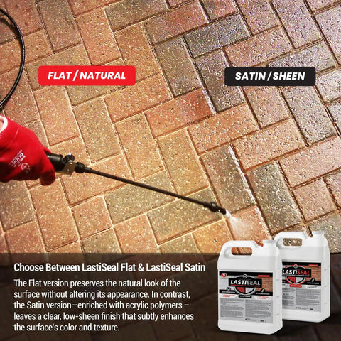 Heavy Duty Water Based Brick And Concrete Sealer Gives Your Masonry Super Solid Satin Finish While Kicking Moisture And Weather Wear For Up To 15 Years With A Subtle Low Gloss Look In 5 Gallons being applied with a sprayer on a brick surface.