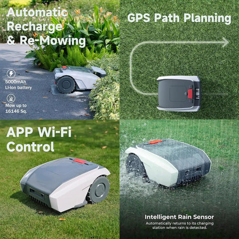 Effortless Robotic Lawn Mower For Large Yards Up To 1500 Square Meters With Boundary Line, App Control, GPS path planning features.