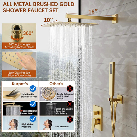 Premium Brushed Gold Shower System With 10 Inch Rainfall Head And Handheld Sprayer Combo Serving Straight Fire Luxury For Your Everyday Bathroom Renovation