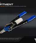 Heavy Duty Hand Rivet Gun With Extra Long Handle For Window Regulator Swap Includes Wrench And Rivets Plus Attached Caddy viewed from above with blue handles.