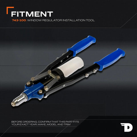 Heavy Duty Hand Rivet Gun With Extra Long Handle For Window Regulator Swap Includes Wrench And Rivets Plus Attached Caddy viewed from above with blue handles.