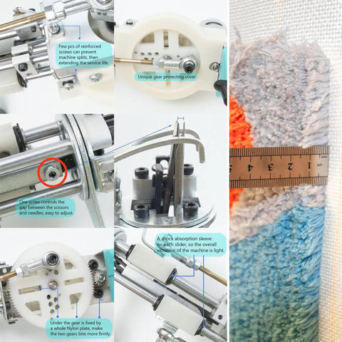 Details of Tufting Gun Kit for Beginners With Cut Pile and Loop Pile Tools, showing reinforced screws, gear cover, and needle gap