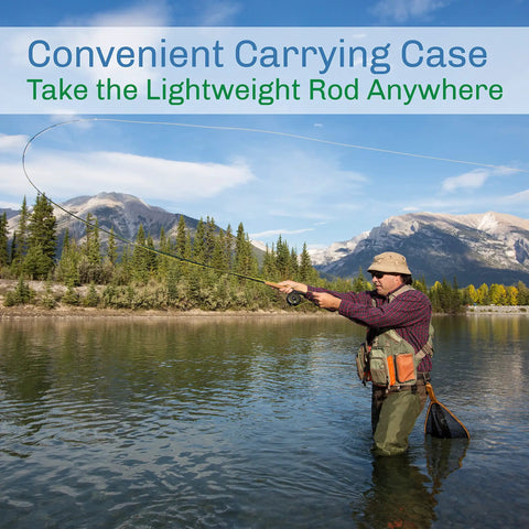 Man fly fishing with On The Go Fly Fishing Rod And Reel Combo With Carry Case Flies And Line Includes 8 Foot 3 Piece Rod Five Six Reel