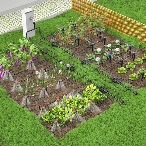 106Ft Drip Irrigation Kit With Quick Connect Tubing, Adjustable Emitters And Sprinklers in garden bed setup