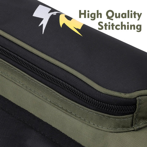 Close-up of Dope Hip Quiver For Arrows With 3 Tube Holder And Slim Side Pockets highlighting high-quality stitching in army green.