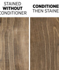 Comparison of stained wood, left without conditioner, right after using Smooth Pre Stain Wood Conditioner Goes On Silky Smooth.