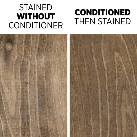 Comparison of stained wood, left without conditioner, right after using Smooth Pre Stain Wood Conditioner Goes On Silky Smooth.