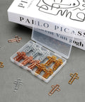 Cross Paper Clips Set Gold Rose Gold Silver Mix, 50 Count, Durable Metal Office Clips with open box on a desk surface