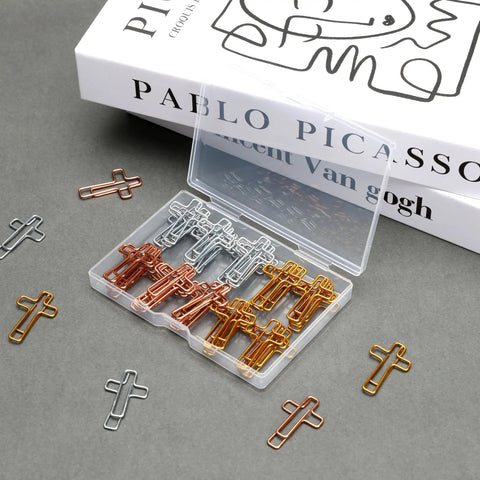 Cross Paper Clips Set Gold Rose Gold Silver Mix, 50 Count, Durable Metal Office Clips with open box on a desk surface