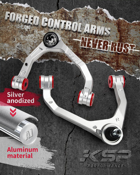 Beefed-Up Forged Upper Control Arm For Silverado Sierra 1500 2007-2018 2-Piece 2-4 Inch Adjustable Front Aluminum Control Arm With Greasable Ball Joint One-Piece Aftermarket UCA For Chevy GMC Trucks silver anodized aluminum