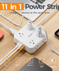 Surge Protector Power Strip With 8 Outlets And 3 USB Ports Including USB C 5 Ft Flat Plug 1250W 900J Surge Protection shown on desk