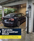 Universal EV Charger Pedestal Featuring Heavy Duty Steel Frame And Sleek Internal Wire Routing For Hassle Free Driveway Placement showing charging station in rain.
