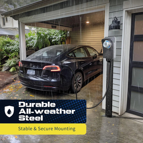 Universal EV Charger Pedestal Featuring Heavy Duty Steel Frame And Sleek Internal Wire Routing For Hassle Free Driveway Placement showing charging station in rain.