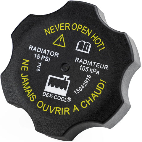 Black plastic radiator cap with safety warning text in yellow for Radiator Surge Tank Cap For Chevy GMC Buick Cadillac Pontiac Saturn Universal Coolant Reservoir Cap Fits Silverado 1500 2500 3500 Express Avalanche Suburban Cavalier Malibu Equinox.