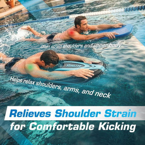 Two men using hydrofoil kickboard for adults with ergonomic convex design and angled cutouts in a pool demonstrating freestyle movement.