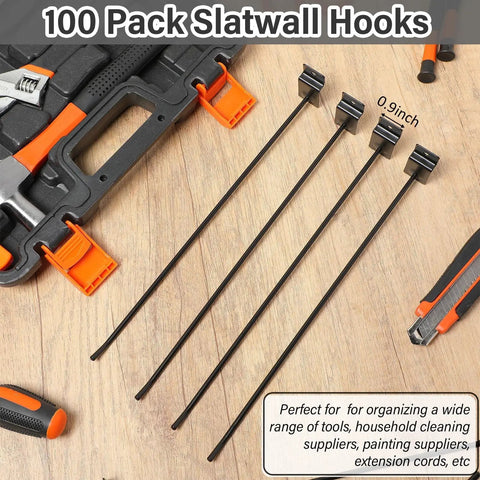 100 Piece 12 Inch Slatwall Hooks Set Black For Metal Slat Wall Hanging Displays Solid Heavy Duty Pegs Commercial Grade 2.2 Pound Load Capacity Easy Install And Durable shown with tools on wooden surface