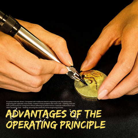 Precision Pneumatic Engraving Pen And Air Scribe Tool For Metal Ceramic Glass Etching With Adjustable Speed and Tough Alloy Tip in use engraving on a metal disc.