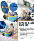 LitRide kids ride-on luggage, blue hardshell suitcase with yellow zipper trim, carry-on with LED wheels.