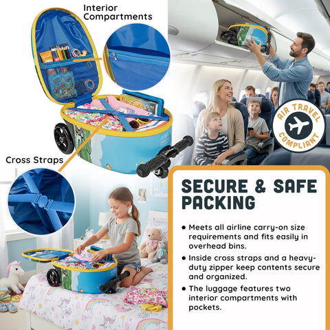 LitRide kids ride-on luggage, blue hardshell suitcase with yellow zipper trim, carry-on with LED wheels.
