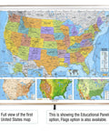 Pull Down World and US Political Classroom Map Set for Grades 9 Plus, 63 inch wide with bright colors and educational panels