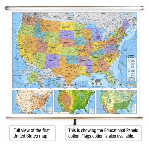 Pull Down World and US Political Classroom Map Set for Grades 9 Plus, 63 inch wide with bright colors and educational panels