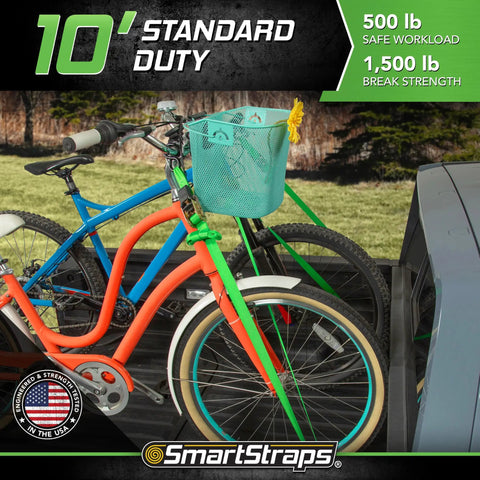 14FT Ratchet Tie Down Straps 4 Pack Featuring Savage 500 Pound Safe Working Load And Quad Winder Design For Pickup Truck securing two bicycles in a truck bed.