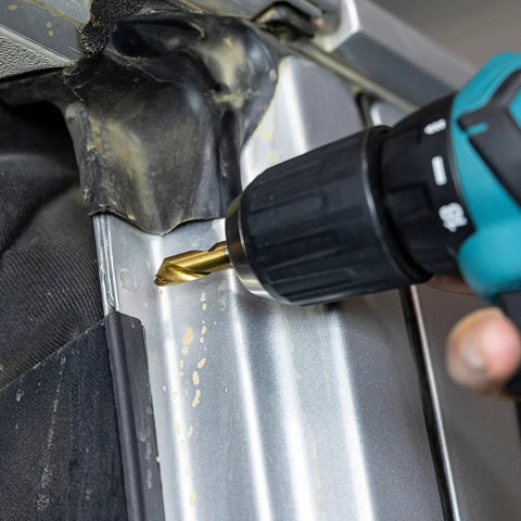 Shop-Ready Spot Weld Drill Bit Set 8mm And Five Sixteenth Inch Pro Grade High Speed Cobalt Steel With Titanium Coating in use on metal panel