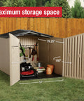 Slide-Lid Resin Outdoor Storage Shed For Backyard Gear And Tools, Weather Resistant Beige Brown, 5 By 6.5 Ft, open doors showing storage