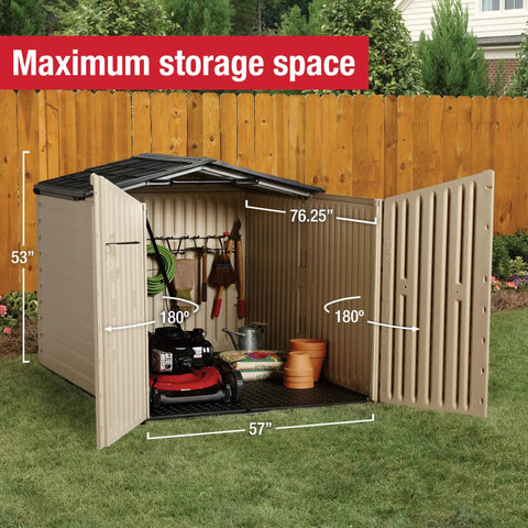 Slide-Lid Resin Outdoor Storage Shed For Backyard Gear And Tools, Weather Resistant Beige Brown, 5 By 6.5 Ft, open doors showing storage