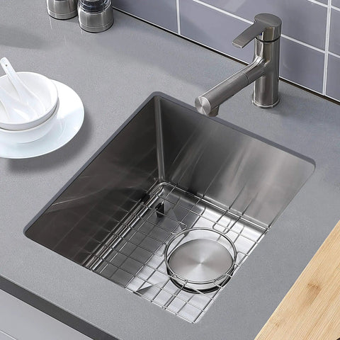 Stainless Steel Undermount Bar Sink For RV And Small Kitchen 15 By 17 Inch Single Bowl With Brushed Nickel Finish installed in countertop