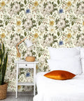 Vintage Floral Peel And Stick Wallpaper For Walls And Cabinets Removable Vinyl Peonies In Bedrooms Nurseries And Girls Rooms 17.7 Inches Wide By 118 Inches Long Self Adhesive Contact Paper on bedroom wall with white bedding and houseplant.