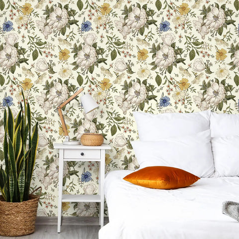 Vintage Floral Peel And Stick Wallpaper For Walls And Cabinets Removable Vinyl Peonies In Bedrooms Nurseries And Girls Rooms 17.7 Inches Wide By 118 Inches Long Self Adhesive Contact Paper on bedroom wall with white bedding and houseplant.