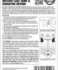 Instant Gas Tank And Radiator Repair Epoxy Putty packaging instructions and illustrations for sealing holes, cracks, and seams.