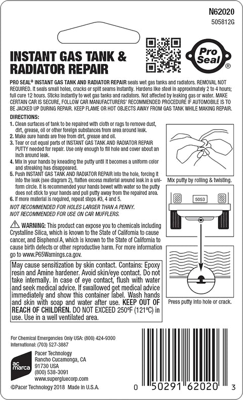 Instant Gas Tank And Radiator Repair Epoxy Putty packaging instructions and illustrations for sealing holes, cracks, and seams.